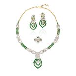 EMERALD AND DIAMOND RING, EARRINGS AND NECKLACE SUITE (3)