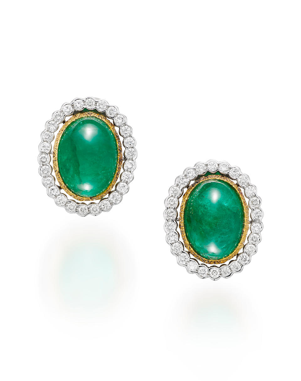 PAIR OF EMERALD AND DIAMOND EARCLIPS