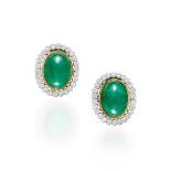 PAIR OF EMERALD AND DIAMOND EARCLIPS