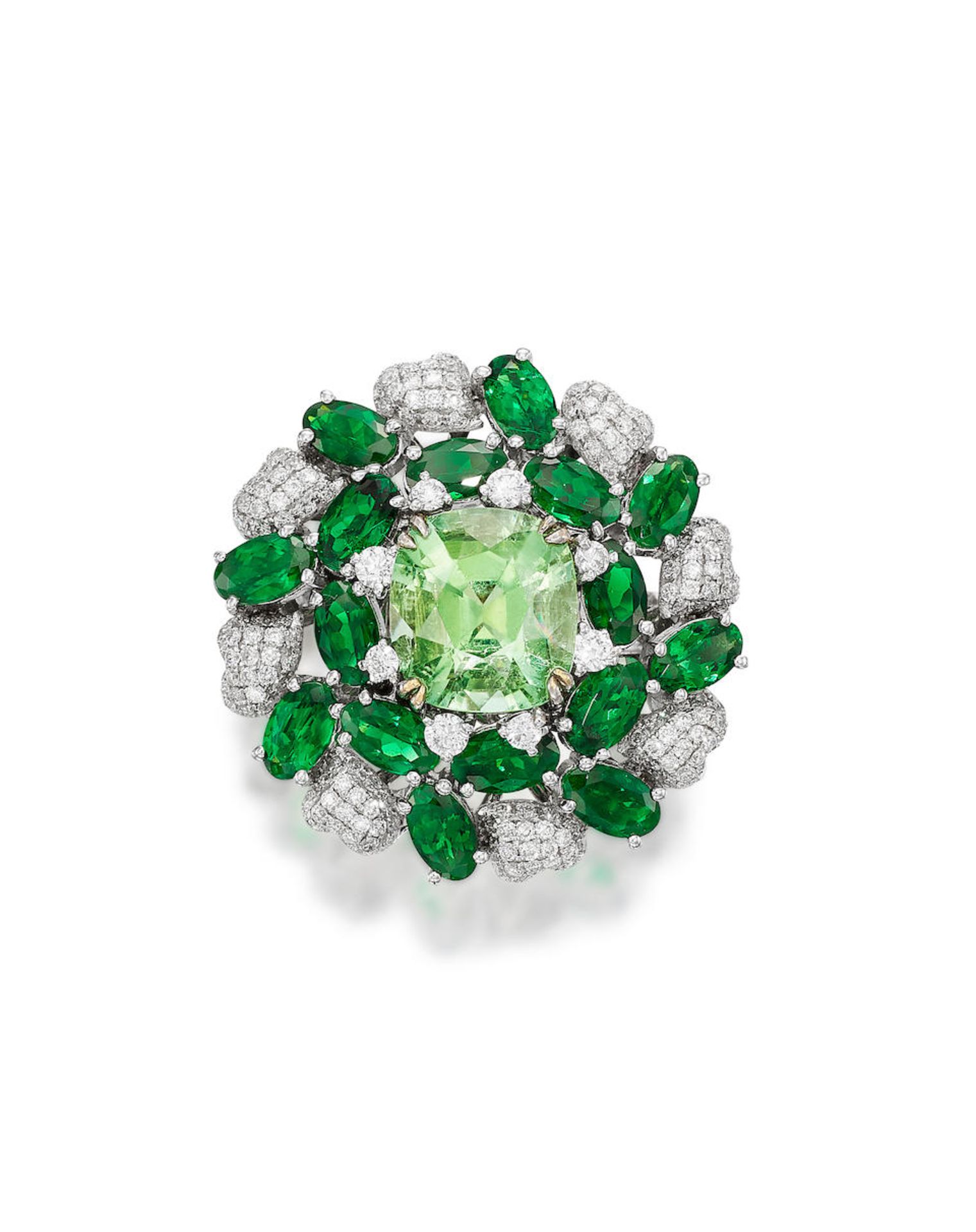 GREEN TOURMALINE, TSAVORITE GARNET AND DIAMOND RING