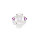 MOONSTONE, PINK SAPPHIRE AND DIAMOND RING