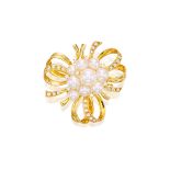 MIKIMOTO: CULTURED PEARL AND DIAMOND BROOCH