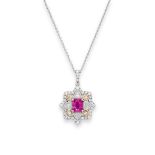 RUBY, COLOURED DIAMOND AND DIAMOND PENDANT NECKLACE