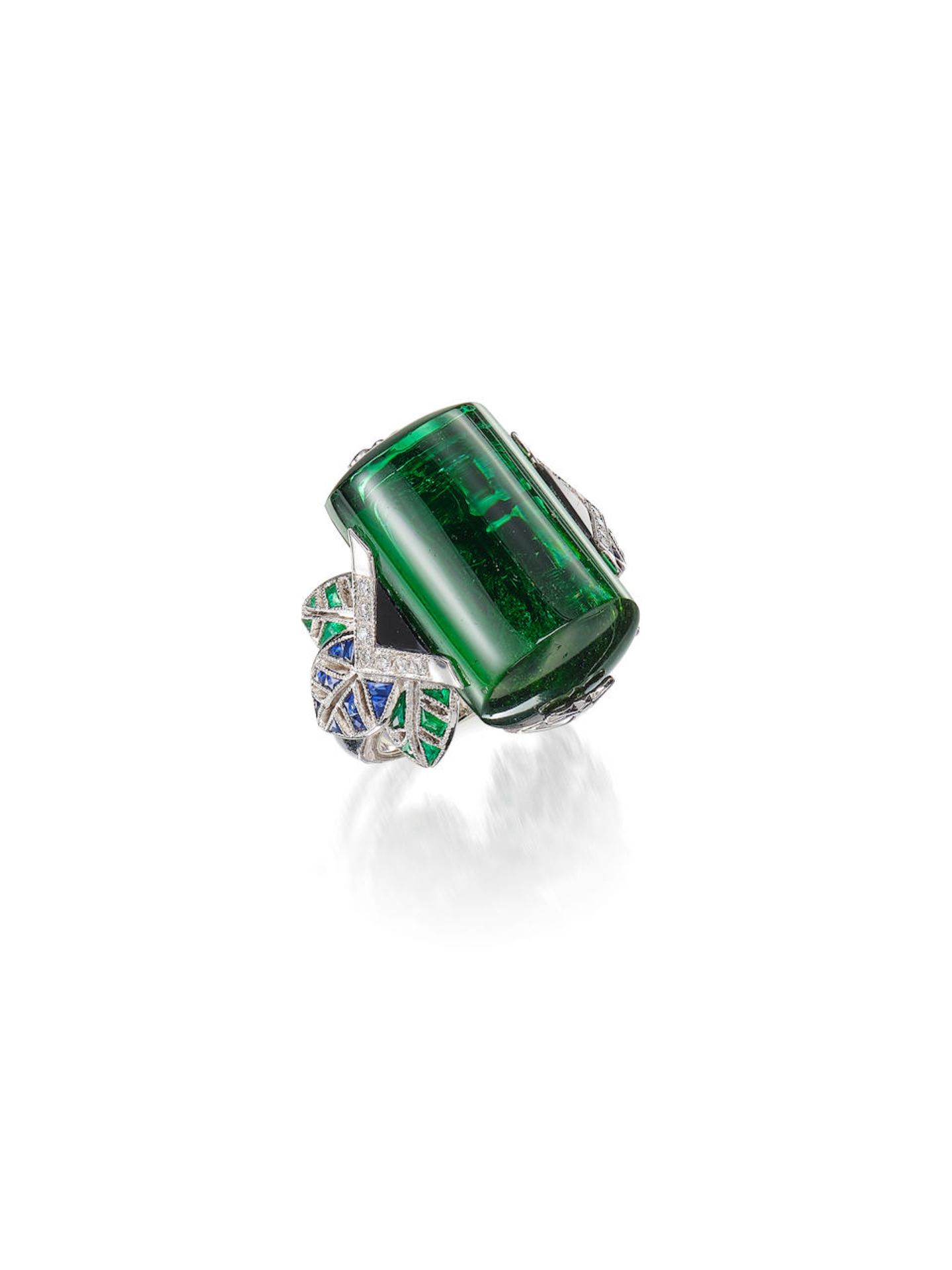 GREEN TOURMALINE, SAPPHIRE, EMERALD AND DIAMOND RING