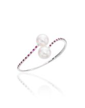 CULTURED PEARL, RUBY AND DIAMOND CROSSOVER BANGLE