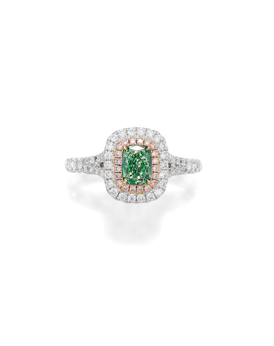 FANCY LIGHT GREENISH YELLOW DIAMOND, COLOURED DIAMOND AND DIAMOND RING