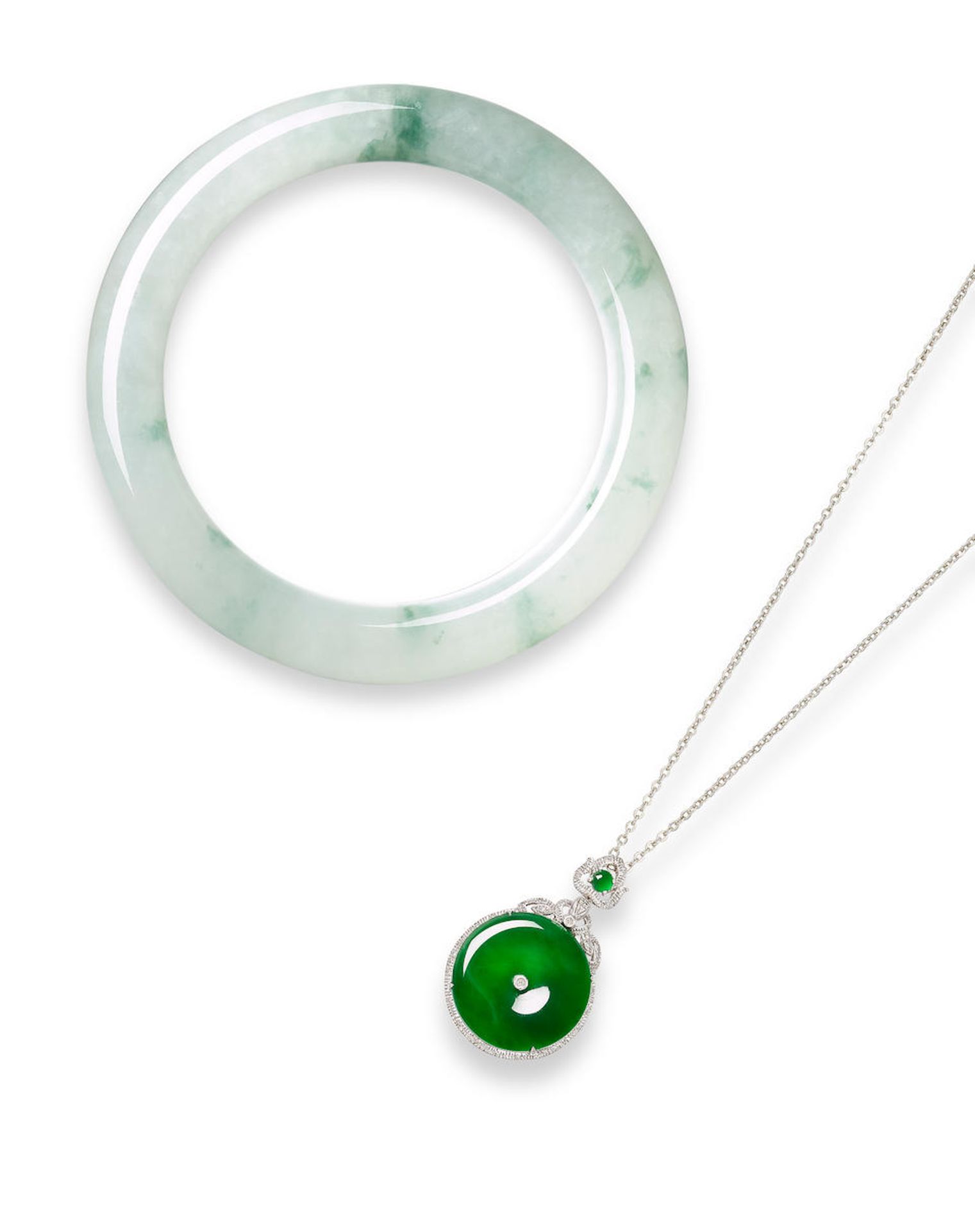 ICY JADEITE BANGLE, AND JADEITE 'HUAIGU' AND DIAMOND PENDANT NECKLACE (2)