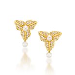 PAIR OF CULTURED PEARL AND DIAMOND 'FOLIATE' EARCLIPS