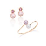 BICOLOURED CULTURED PEARL CROSSOVER BANGLE, AND PAIR OF PINK CULTURED PEARL AND PINK SAPPHIRE EA...