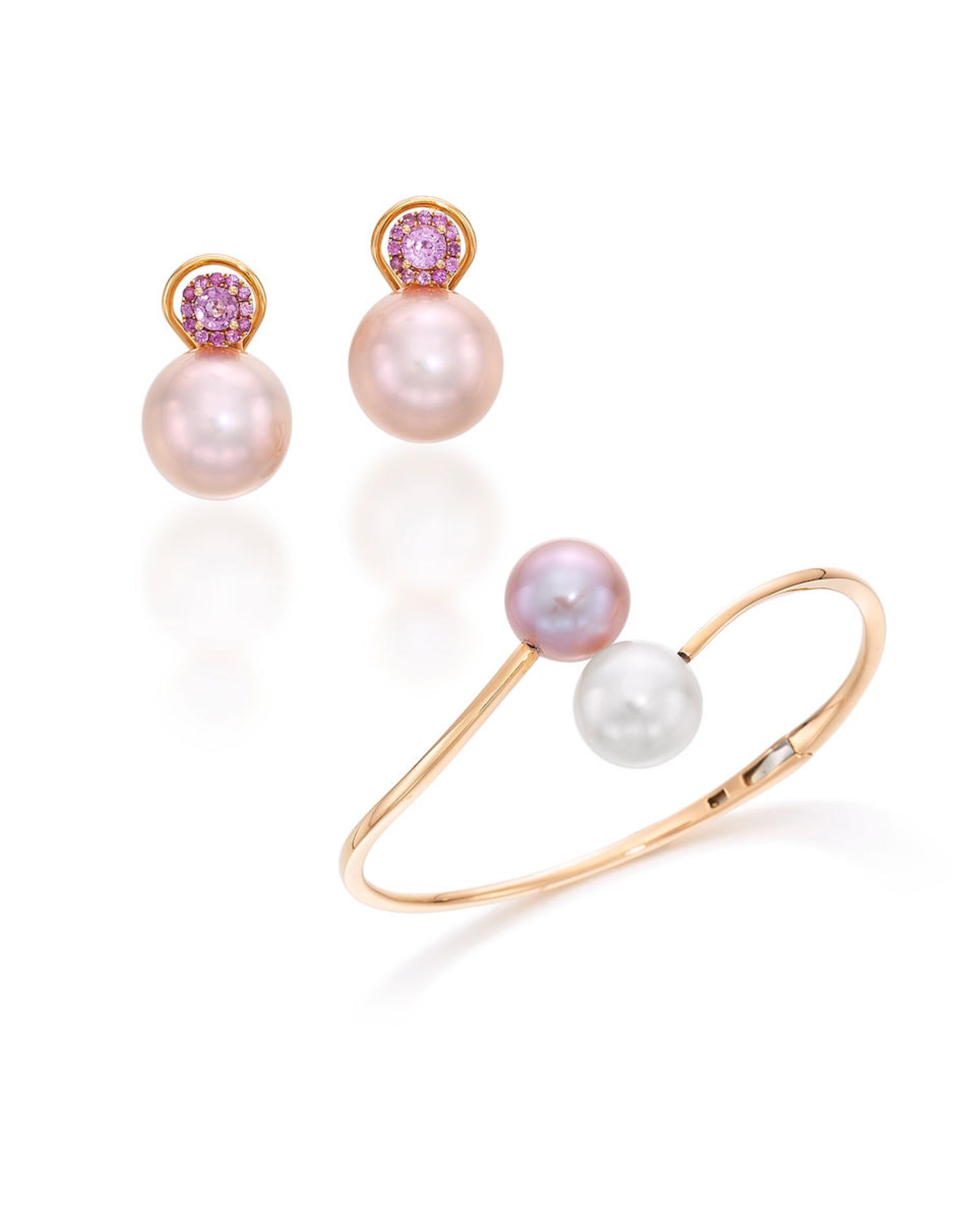 BICOLOURED CULTURED PEARL CROSSOVER BANGLE, AND PAIR OF PINK CULTURED PEARL AND PINK SAPPHIRE EA...