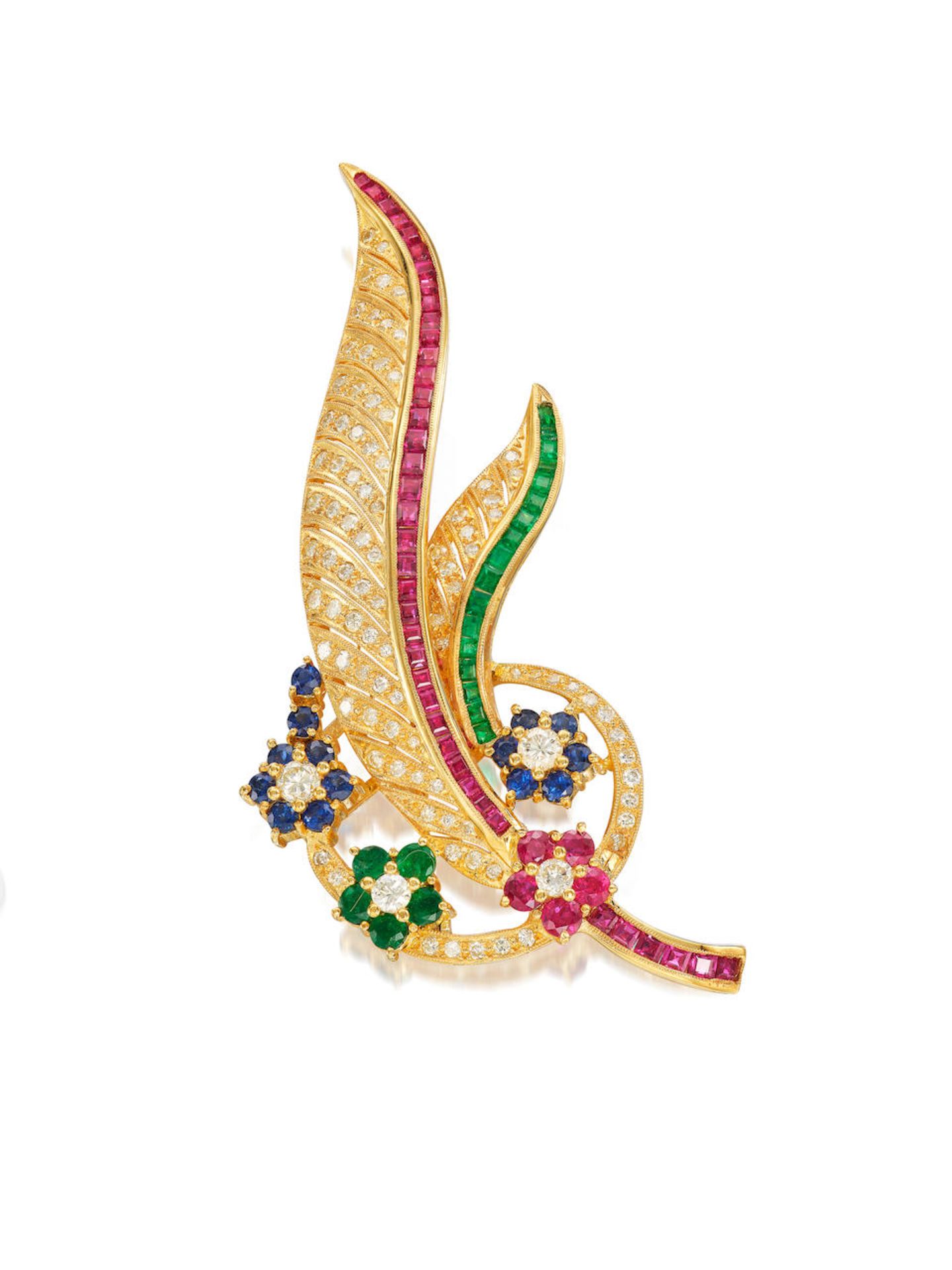 GEM-SET AND DIAMOND 'FEATHER' BROOCH