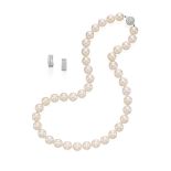 CULTURED PEARL AND DIAMOND NECKLACE, AND PAIR OF DIAMOND EARRINGS (2)