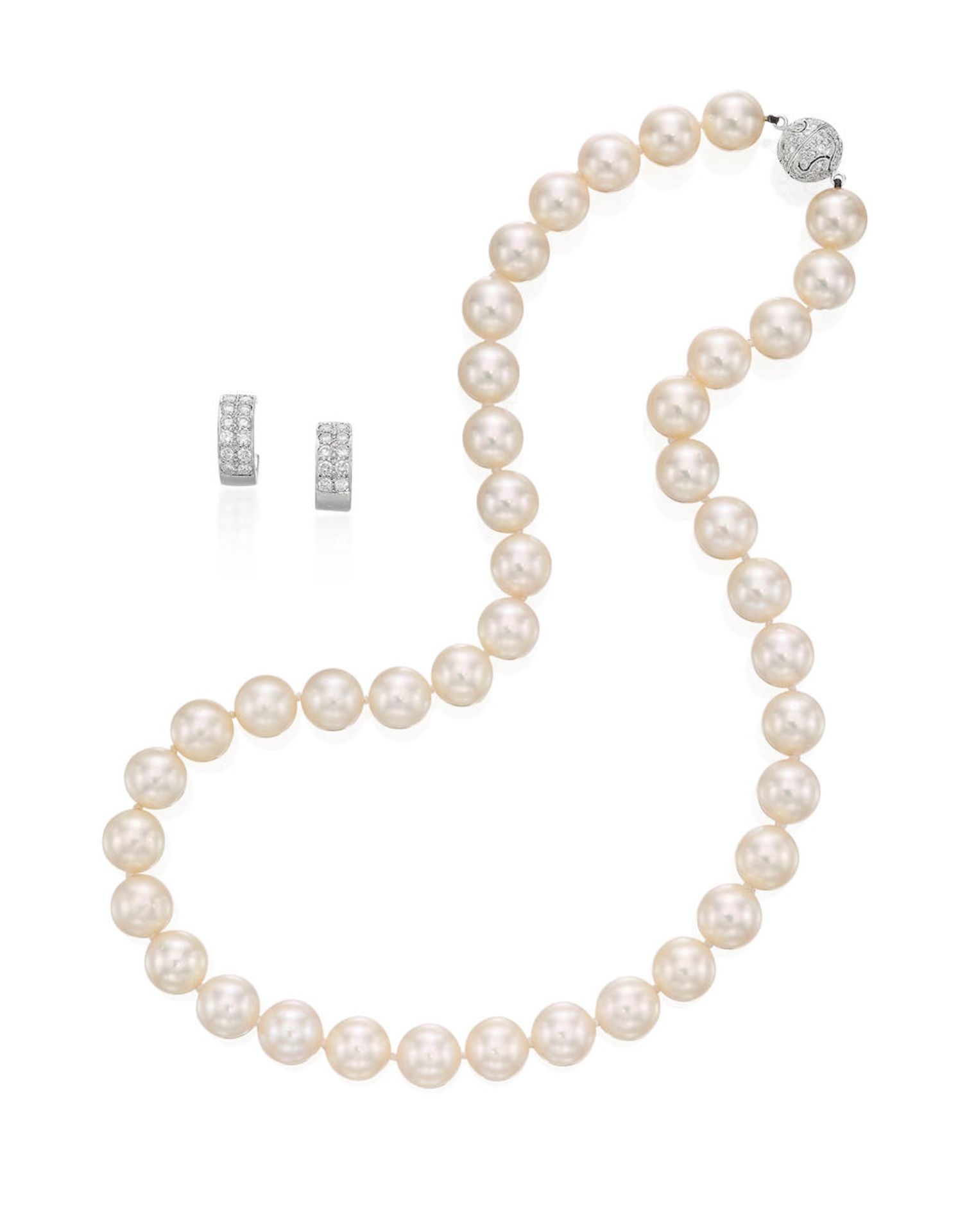 CULTURED PEARL AND DIAMOND NECKLACE, AND PAIR OF DIAMOND EARRINGS (2)