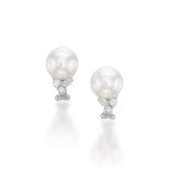 PAIR OF CULTURED PEARL AND DIAMOND EARCLIPS