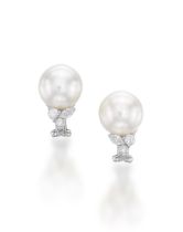 PAIR OF CULTURED PEARL AND DIAMOND EARCLIPS