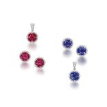 TWO RUBY, SAPPHIRE AND DIAMOND PENDANT AND EARSTUD SETS (4)