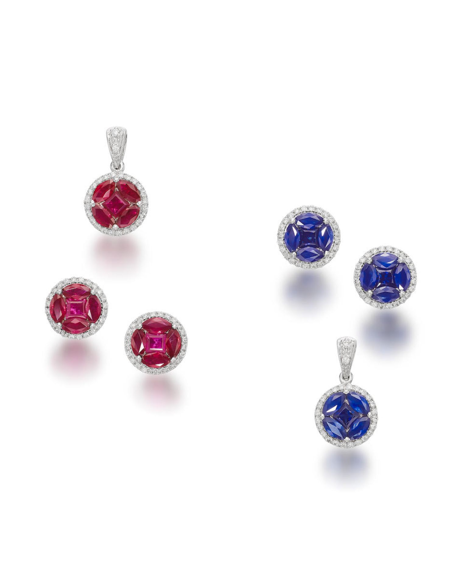 TWO RUBY, SAPPHIRE AND DIAMOND PENDANT AND EARSTUD SETS (4)