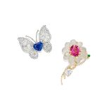 SAPPHIRE AND DIAMOND 'BUTTERFLY' BROOCH/ PENDANT, AND PINK TOURMALINE, GEM-SET AND DIAMOND 'FLOW...