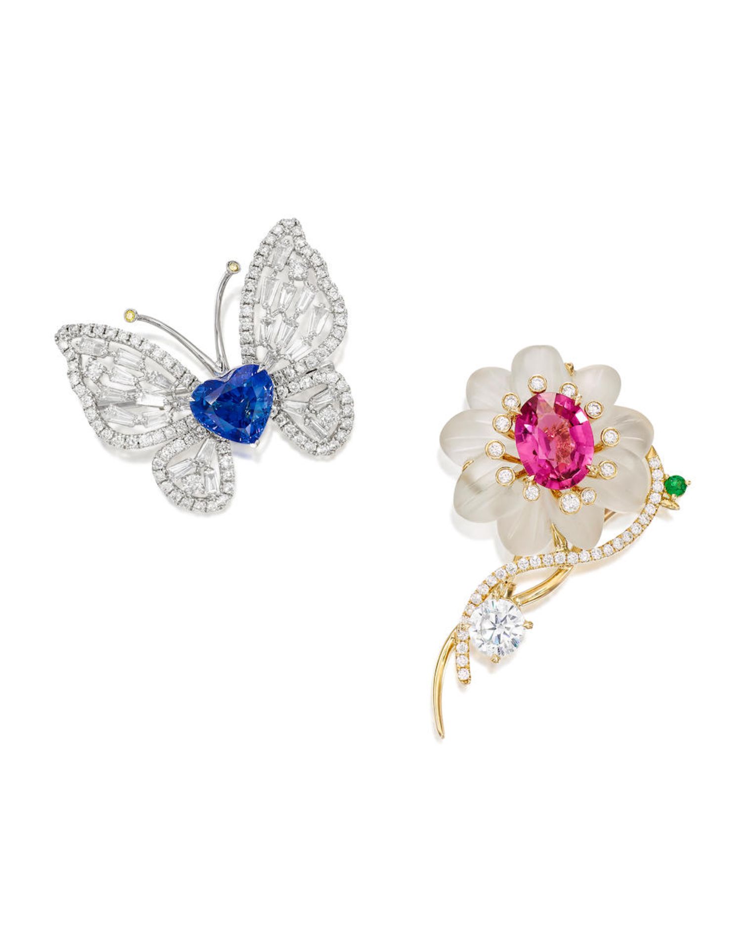 SAPPHIRE AND DIAMOND 'BUTTERFLY' BROOCH/ PENDANT, AND PINK TOURMALINE, GEM-SET AND DIAMOND 'FLOW...