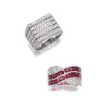 DIAMOND FIVE-ROW RING, AND RUBY AND DIAMOND RING (2)