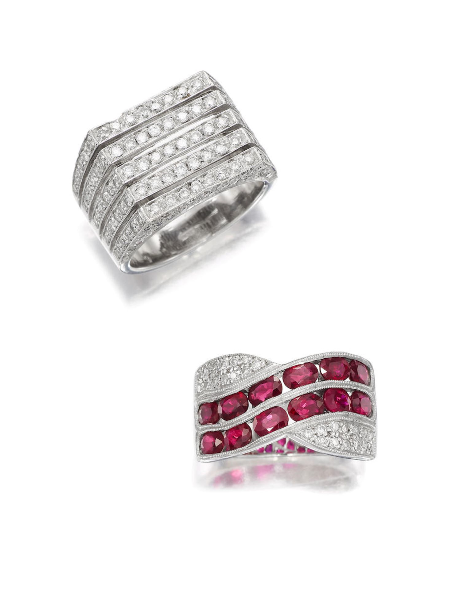 DIAMOND FIVE-ROW RING, AND RUBY AND DIAMOND RING (2)