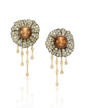 PAIR OF CULTURED PEARL, COLOURED DIAMOND AND DIAMOND 'FLOWER' PENDENT EARRINGS