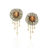 PAIR OF CULTURED PEARL, COLOURED DIAMOND AND DIAMOND 'FLOWER' PENDENT EARRINGS