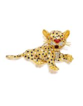 GOLD, ENAMEL, GEM-SET AND DIAMOND 'LEOPARD CUB' BROOCH