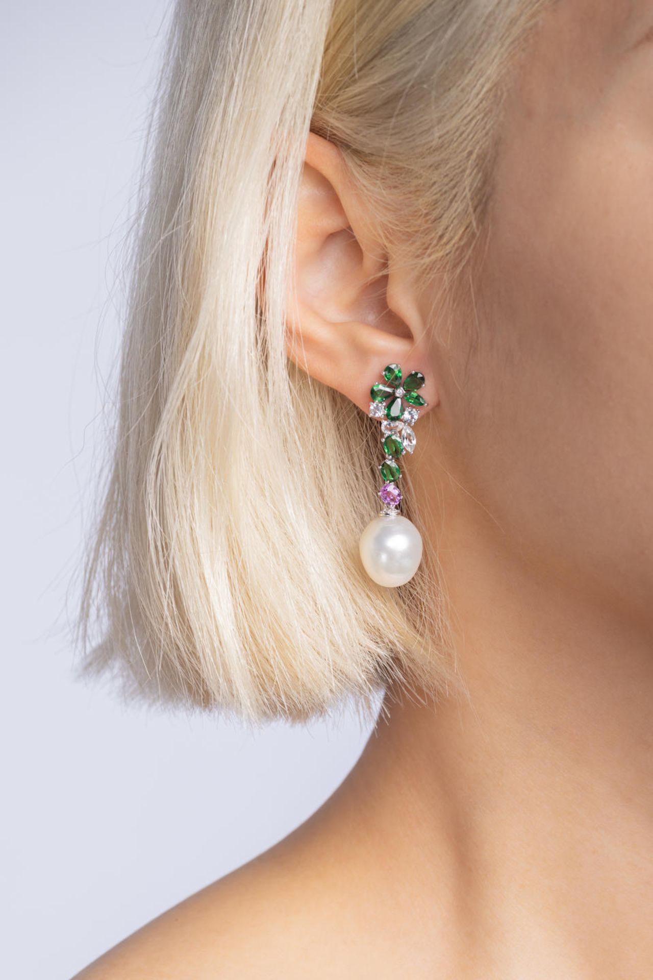 PAIR OF CULTURED PEARL, GEM-SET AND DIAMOND PENDENT EARRINGS - Image 3 of 3