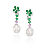 PAIR OF CULTURED PEARL, GEM-SET AND DIAMOND PENDENT EARRINGS