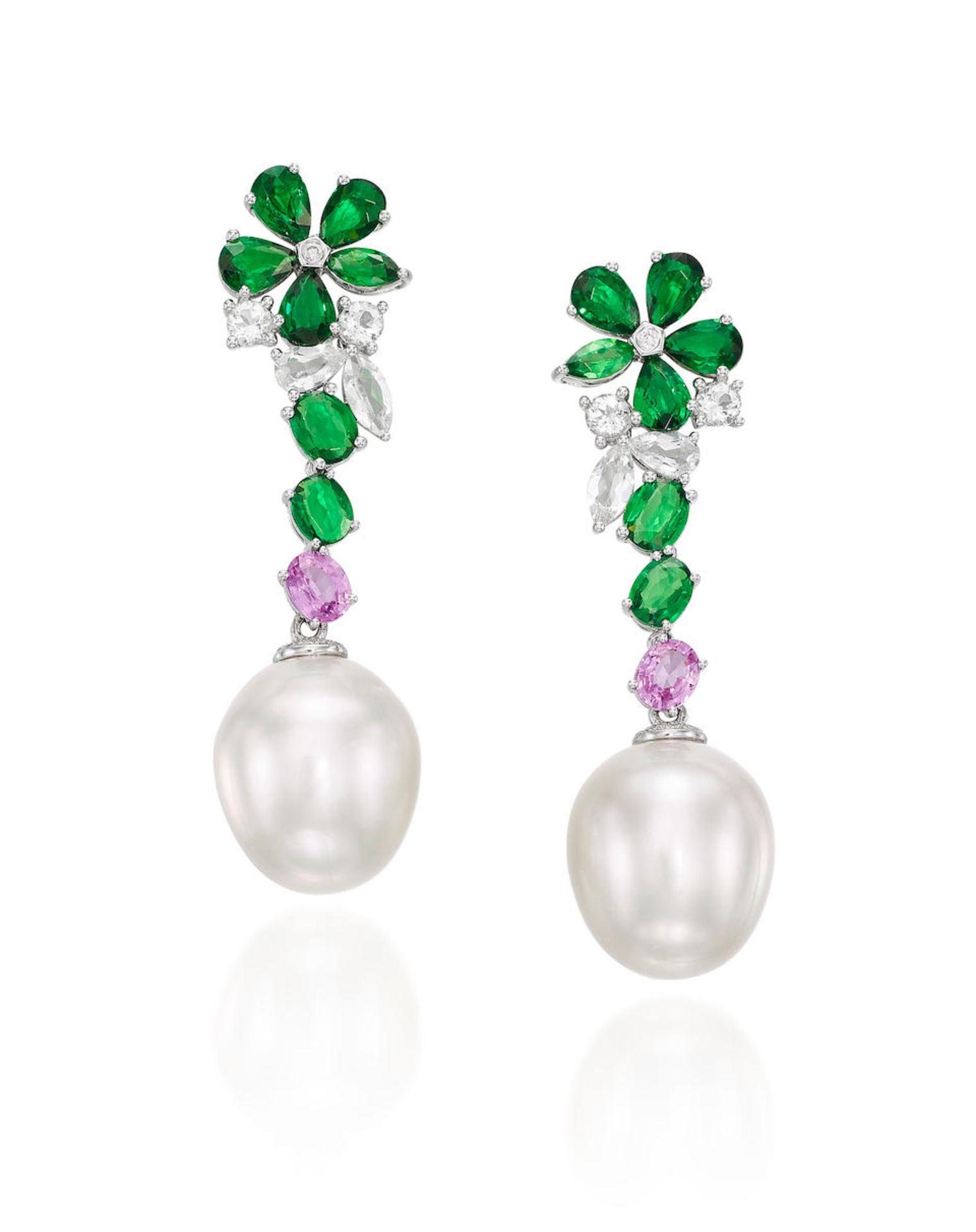 PAIR OF CULTURED PEARL, GEM-SET AND DIAMOND PENDENT EARRINGS