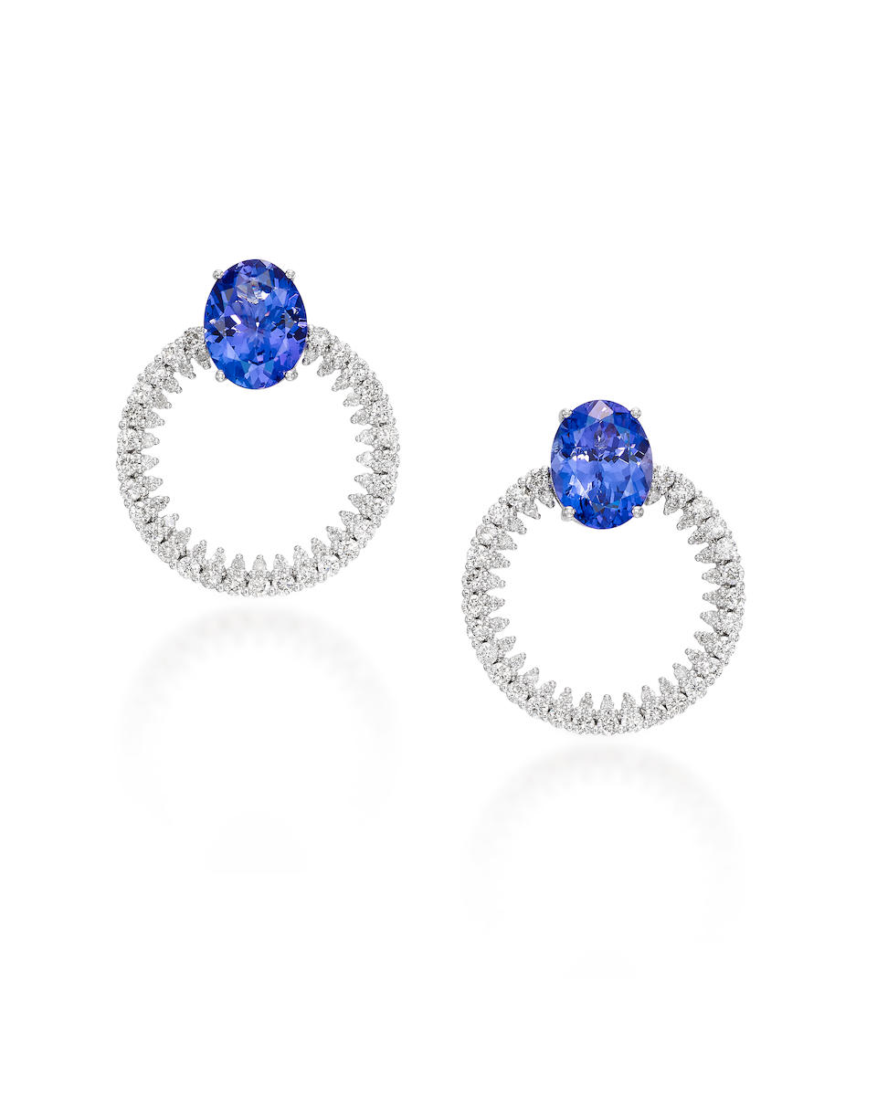 PAIR OF TANZANITE AND DIAMOND EARRINGS