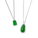 TWO JADEITE AND DIAMOND PENDANT NECKLACES (2)