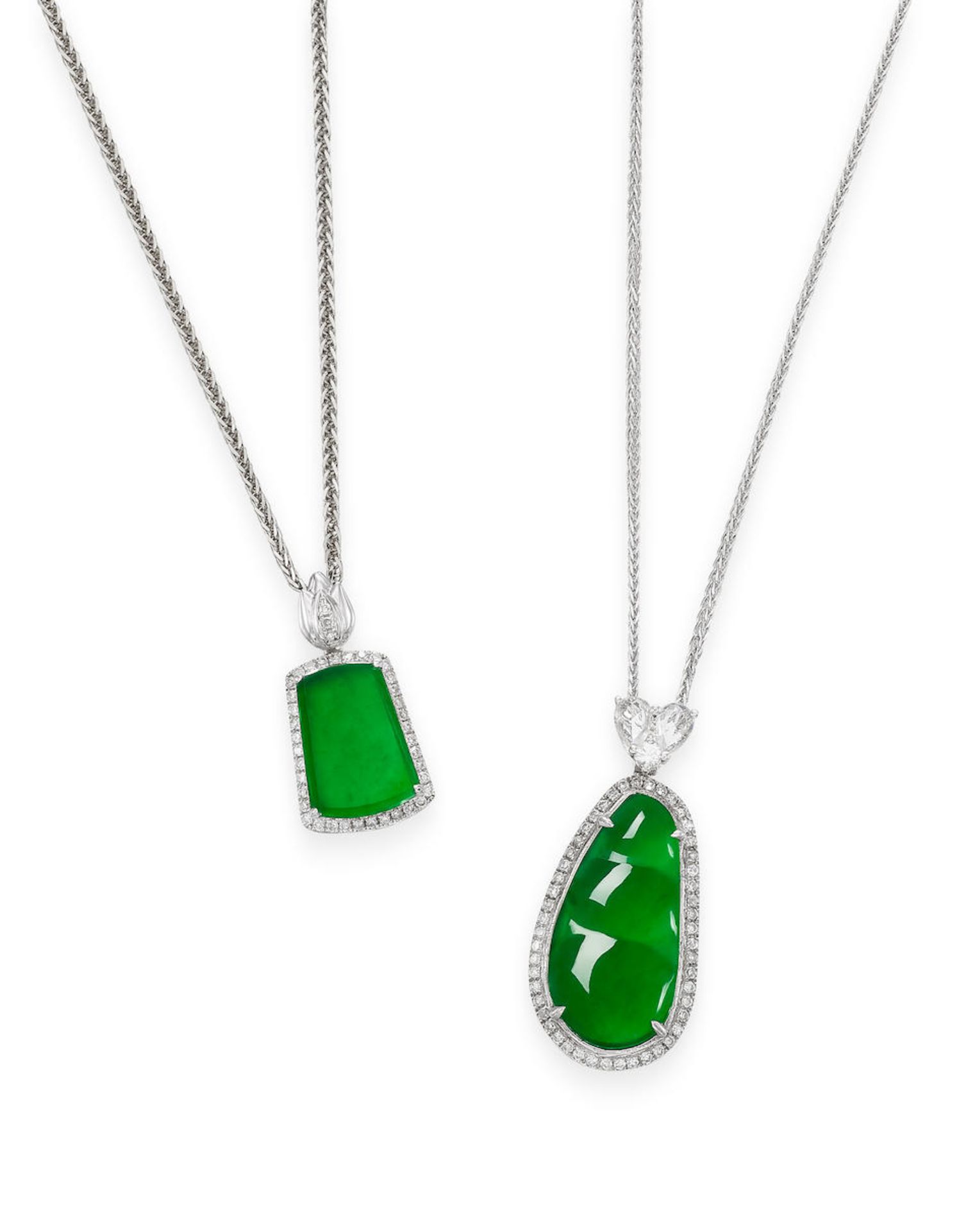 TWO JADEITE AND DIAMOND PENDANT NECKLACES (2)