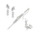 DIAMOND BRACELET, BROOHCH AND PENDENT EARCLIPS SUITE (3)