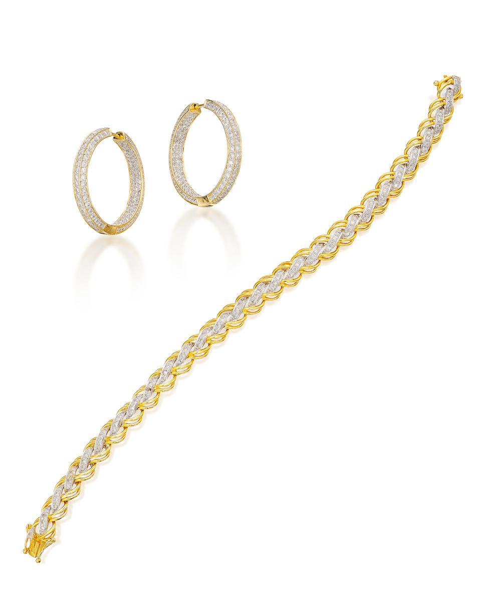 GOLD AND DIAMOND BRACELET, AND PAIR OF DIAMOND HOOP EARRINGS (2)