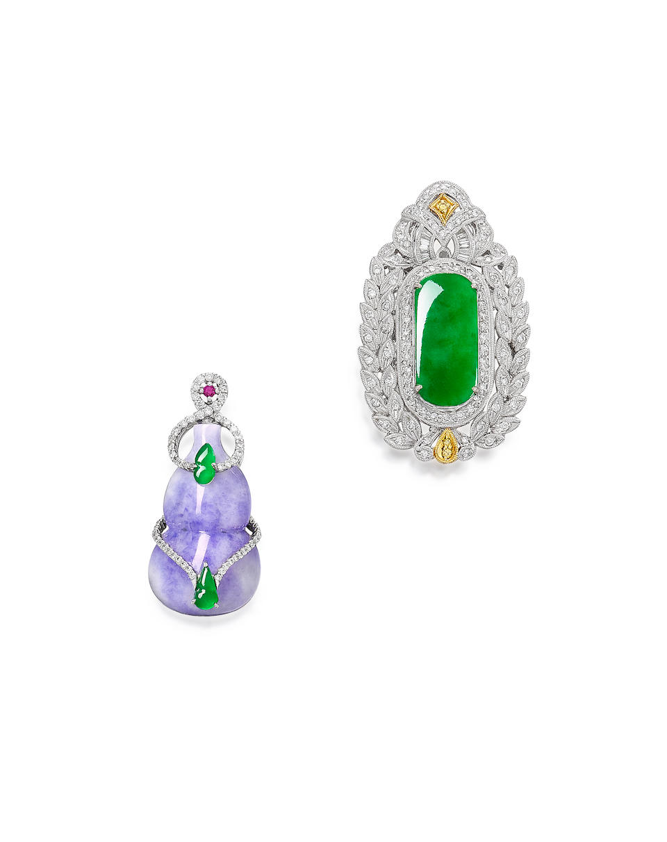 JADEITE, COLOURED DIAMOND AND DIAMOND PENDANT/ BROOCH, AND LAVENDER JADEITE, JADEITE, AND DIAMON...