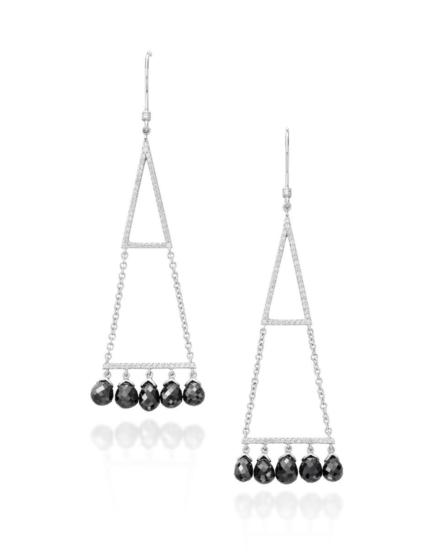 PAIR OF BLACK DIAMOND AND DIAMOND PENDENT EARRINGS