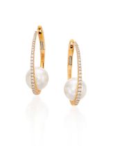 PAIR OF CULTURED PEARL AND DIAMOND EARRINGS