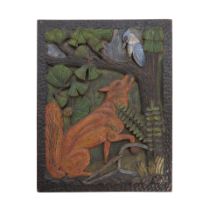 Carved Oak and Polychrome Painted Plaque of Kingfisher and Trapped Fox, J.C. Miller, late 19th/e...