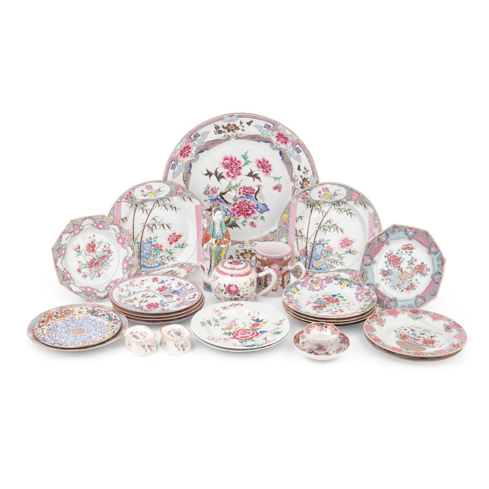 A large assembled collection of Chinese Famille Rose export porcelain service wares together wit...