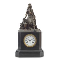 A third quarter 19th century French patinated bronze and black marble figural mantel clock the m...