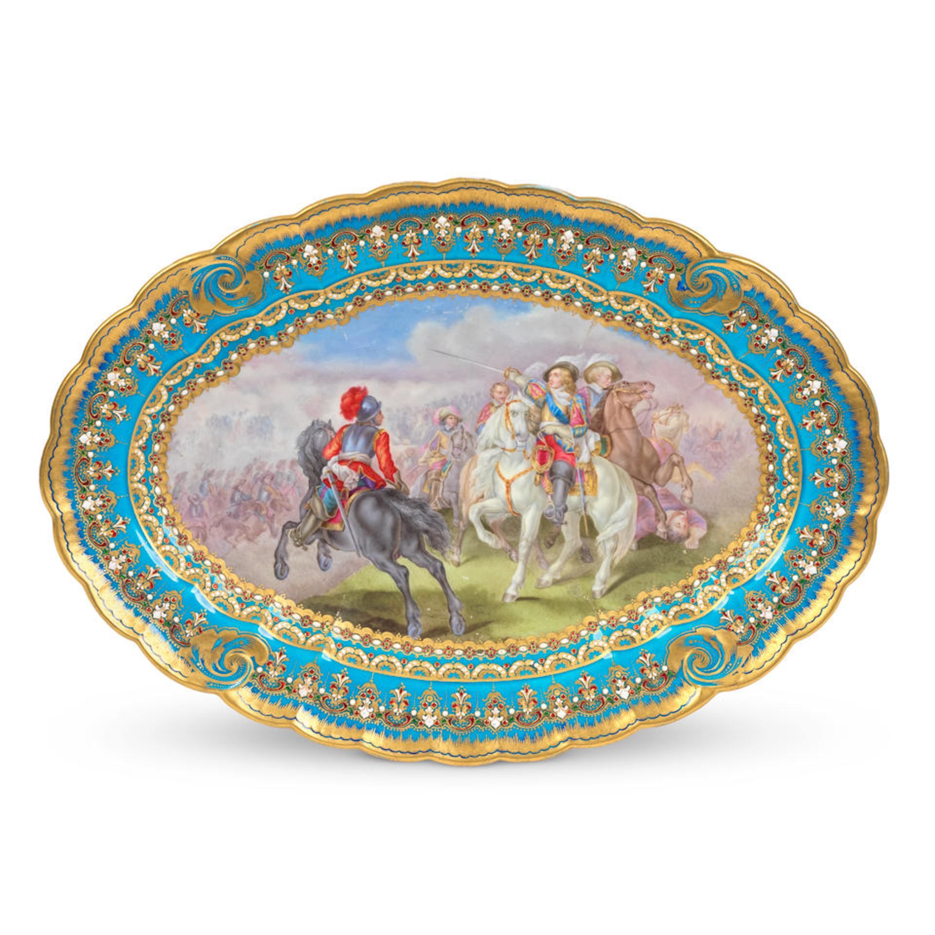 A late 19th century French 'jewelled' porcelain tray or dish in the Sèvres style