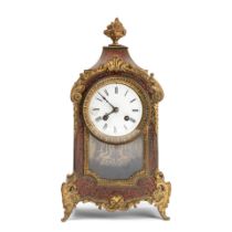 A late 19th century French gilt bronze mounted red stained 'boulle' marquetry mantel clock toget...