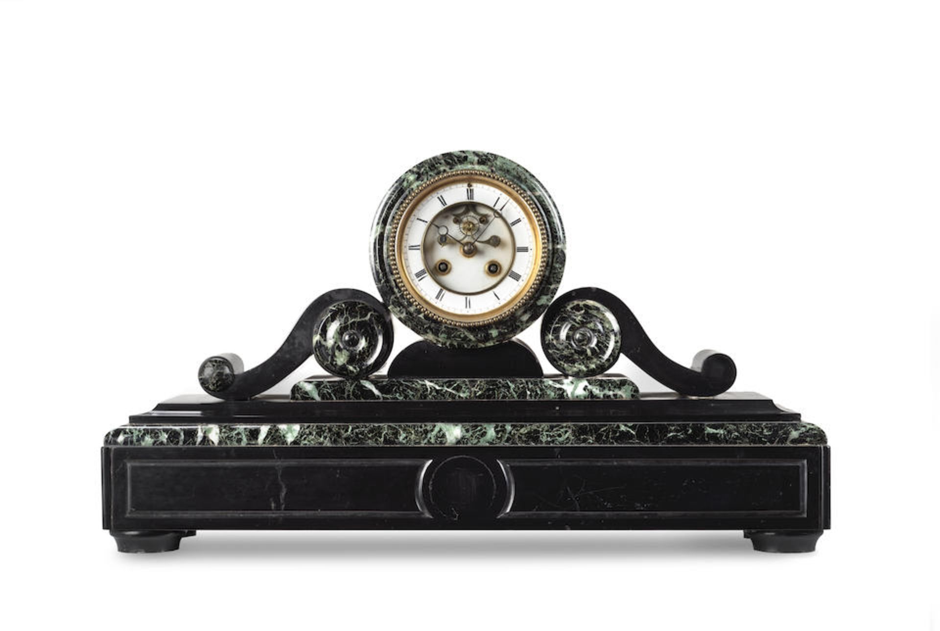 A late 19th century French Verde Antico and black Belgium slate mantel clock the movement stampe...