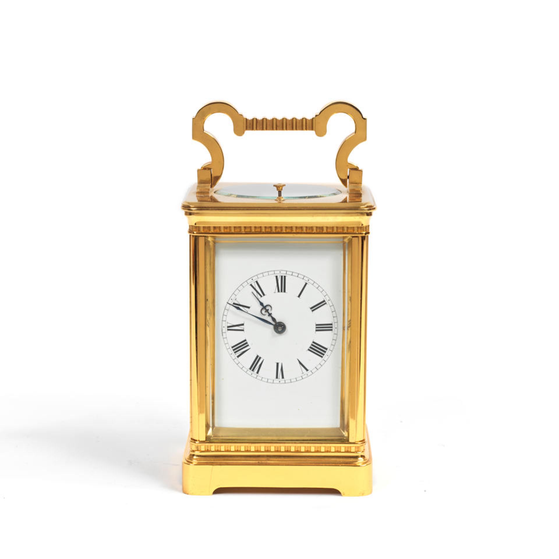 An early 20th century French lacquered brass carriage clock with repeat
