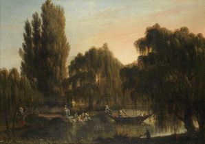 German School, circa 1820 A river landscape, with figures boating and women washing clothes on t...