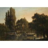 German School, circa 1820 A river landscape, with figures boating and women washing clothes on t...