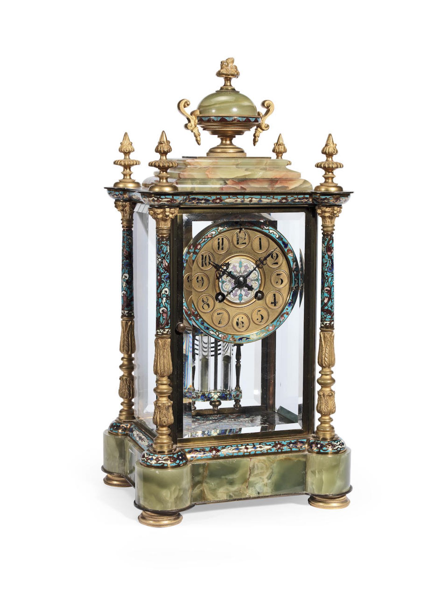 A late 19th century French gilt brass, champlevé enamel and green onyx four glass mantel cl...