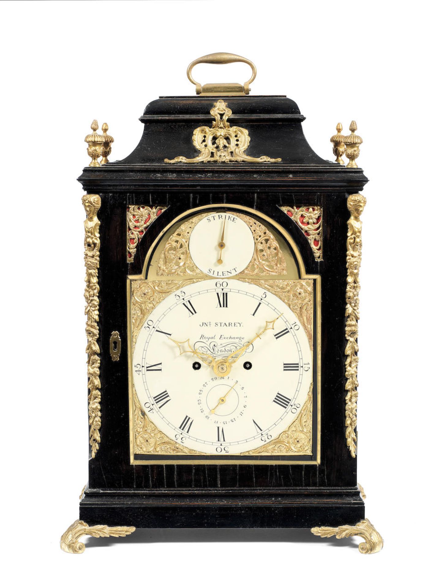 A late 18th century ebonised table clock with calendar the signed dial for John Starey, Royal E...